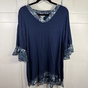 Catherines Navy Blue Lace Trim V Neck 3/4 Sleeve Tunic Top 0X 14 16W